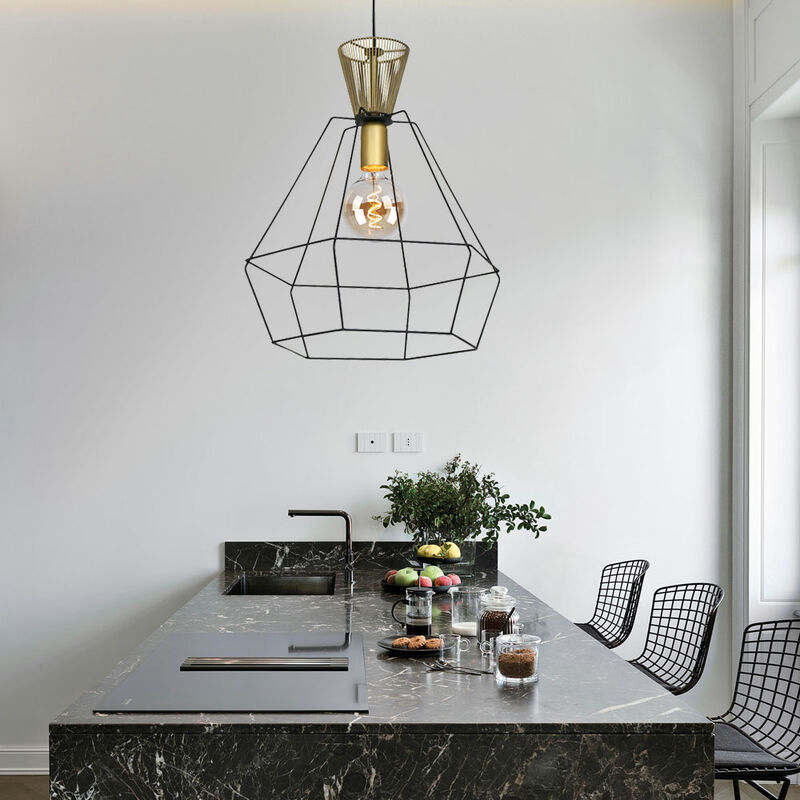 Image of Etc-shop - Lampada a sospensione in metallo nero vintage lampada a sospensione per soggiorno plafoniera in design a gabbia, verde, bronzo, a forma di