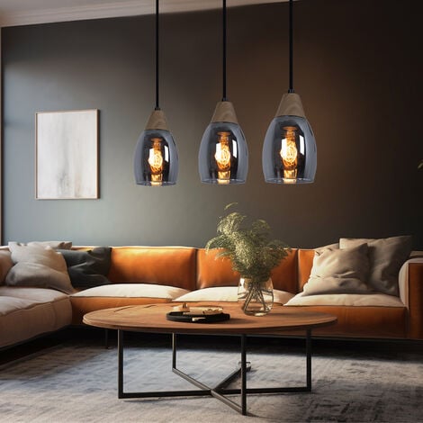 Lampada a sospensione in vetro Lampada a sospensione in vetro lampada in vetro fumé, 3 fiamme legno naturale vetro fumé metallo nero, 3 prese E27, LxPxH 55x10x120cm
