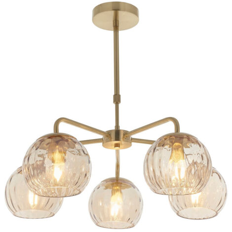 Lampada a sospensione in vetro multibraccio in ottone satinato, vetro champagne lustro
