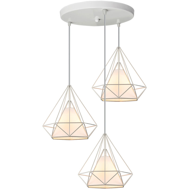 Axhup - Lampada a Sospensione Industriale, 3 Luci Plafoniera con Gabbia di Diamante 25cm, Lampada E27 per Soggiorno Sala da Pranzo (Bianco)