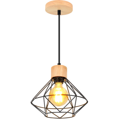 Lampada a Sospensione Industriale in Metallo Legno Lampada da Soffitto Vintage Gabbia E27 per Corridoio Ingresso Camera da Letto Soggiorno (Nero)