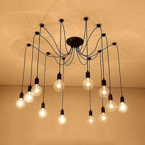 Lampada a Sospensione Industriale Lampada da Soffitto con 12 Luci Stile Ragno DIY Vintage Creativo E27 per Soggiorno Camera da Letto (200cm, Nero)