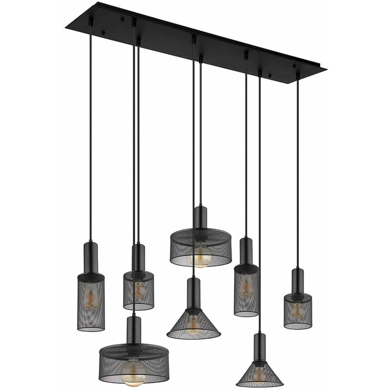 Image of Lampada a sospensione industriale, lampada da tavolo da pranzo, lampada a sospensione, lampada da soggiorno, 8 fiamme, rete metallica nera, 8x E27,