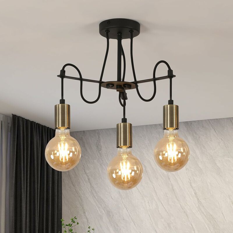 Image of Goeco - Lampada a Sospensione Industriale, Lampadario a Soffitto E27 in Metallo Vintage, Lampadario retrò Nero Regolabile 3 Luci (Lampadina Non