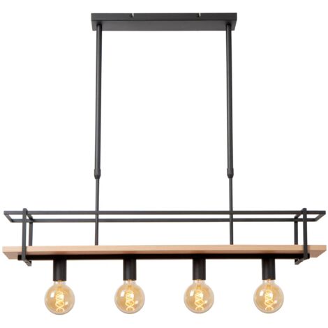 Lampada a sospensione industriale nera/legno Milonga 4xE27