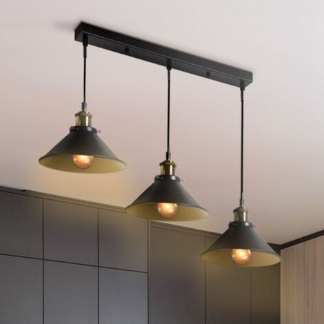Lampada a sospensione industriale vintage a 3 lampade in metallo nero