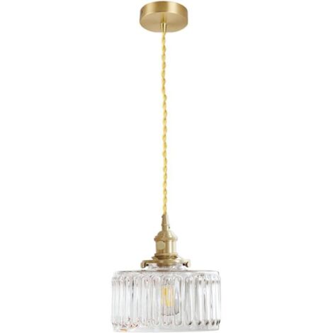 Lampada a sospensione industriale vintage in vetro rigato, lampada a sospensione retrò E27 con finitura in ottone, lampada da soffitto flessibile a doppino intrecciato per loft bar (trasparente)
