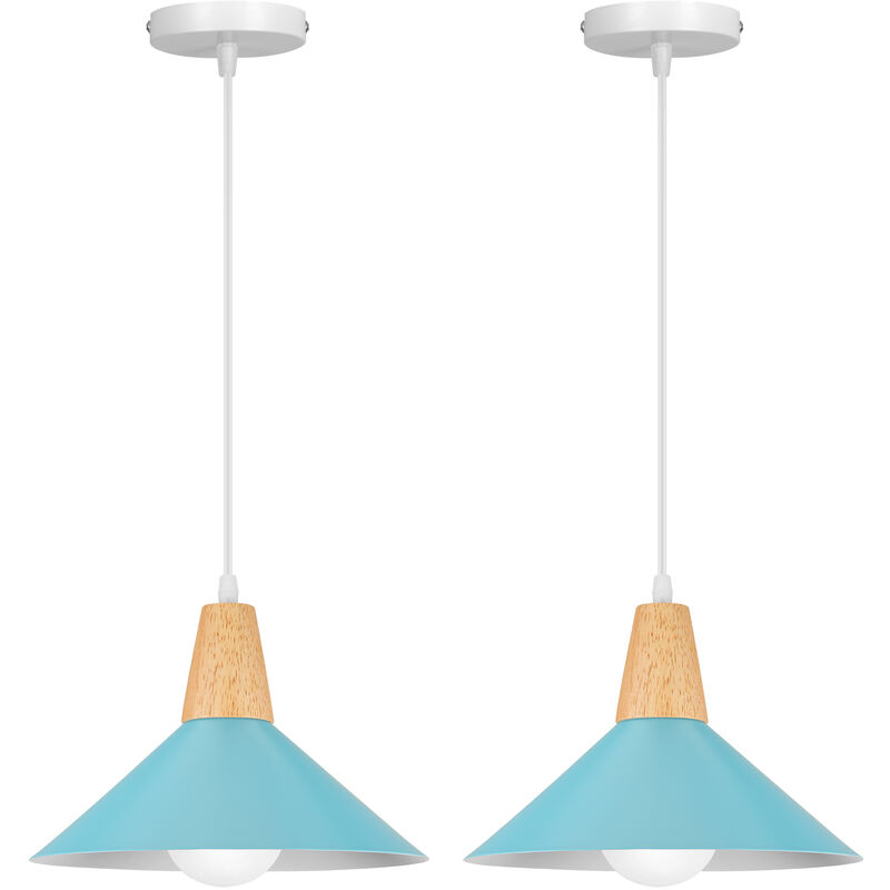 Image of Wottes - Lampada a Sospensione Interna Vintage Industriale Lampadario da Soffitto Metallo Legno 2 Pezzi Blu Chiaro