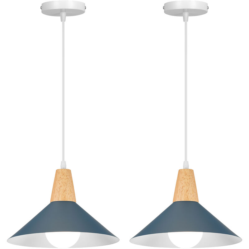 Image of Wottes - Lampada a Sospensione Interna Vintage Industriale Lampadario da Soffitto Metallo Legno 2 Pezzi Blu Scuro