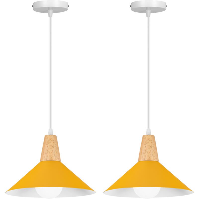 Image of Wottes - Lampada a Sospensione Interna Vintage Industriale Lampadario da Soffitto Metallo Legno 2 Pezzi Giallo Banana