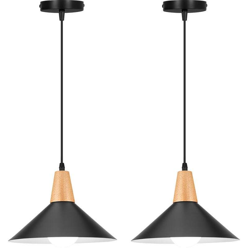 Image of Wottes - Lampada a Sospensione Interna Vintage Industriale Lampadario da Soffitto Metallo Legno 2 Pezzi Nero