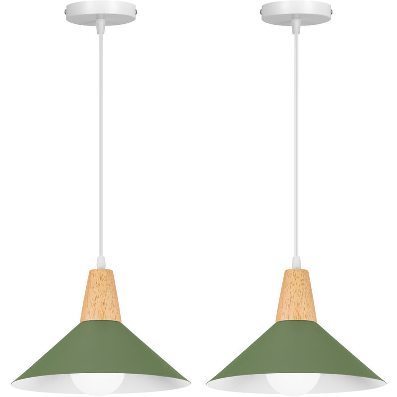 Image of Wottes - Lampada a Sospensione Interna Vintage Industriale Lampadario da Soffitto Metallo Legno 2 Pezzi Verde Scuro