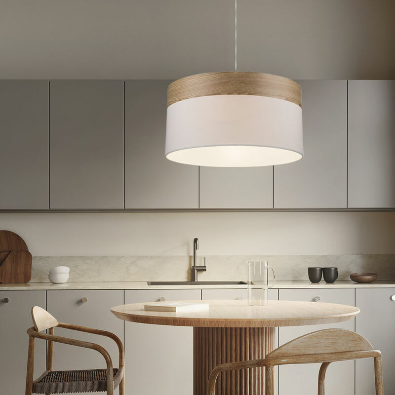 Image of Globo - Lampada a sospensione lampada a sospensione da soggiorno lampada da tavolo da pranzo lampada da cucina effetto legno, tessuto bianco, 1x E27,