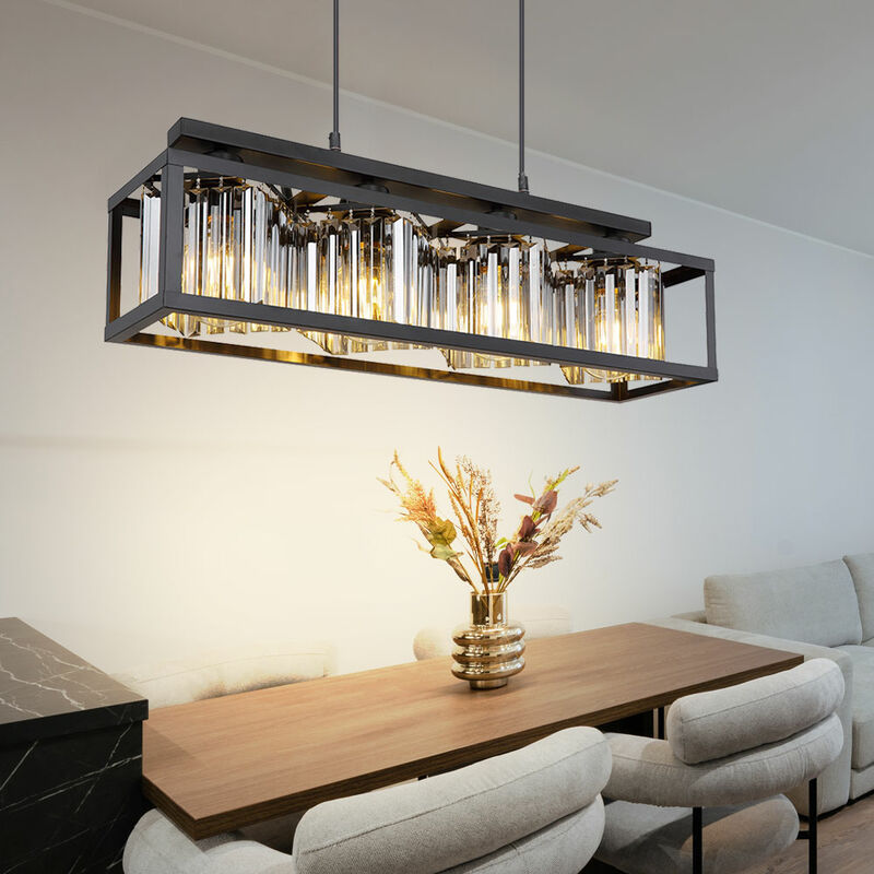 Image of Lampada a sospensione lampada a sospensione in cristallo soggiorno moderno lampada a sospensione tavolo da pranzo nero 4 fiamme, vetro metallo, 4