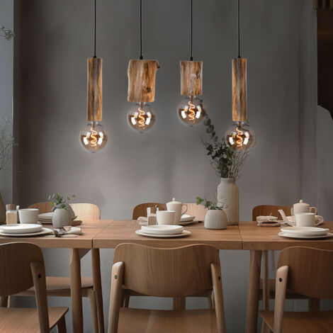 Lampada a sospensione lampada a sospensione in legno lampada da soffitto vintage cucina, metallo nero eucalipto, 4 luci, H 150 cm, sala da pranzo soggiorno