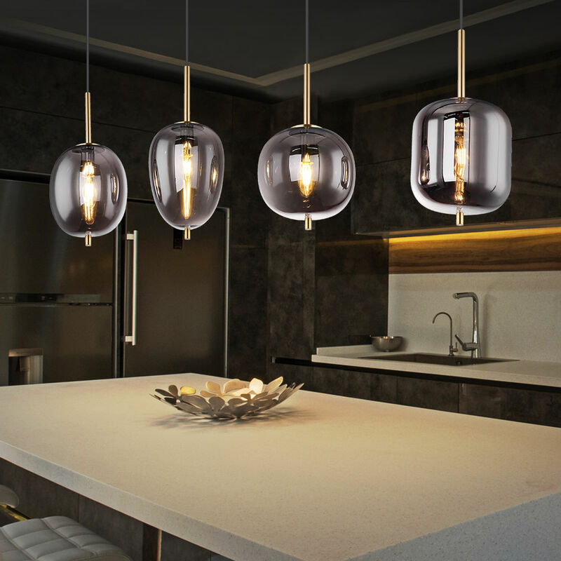Image of Etc-shop - Lampada a sospensione lampada a sospensione in vetro nero lampada da sala da pranzo lampada a sospensione, 4 fiamme, metallo ottone vetro