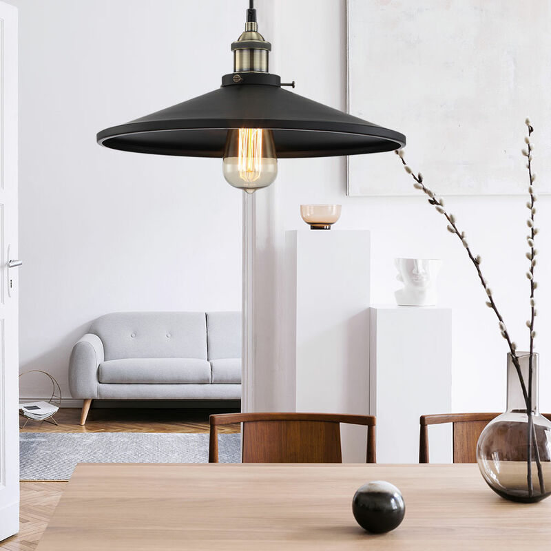 Image of Lampada a sospensione nera lampada a sospensione tavolo da pranzo lampada da soggiorno, paralume retrò, alluminio nero opaco, 1x E27, DxH 36x120 cm