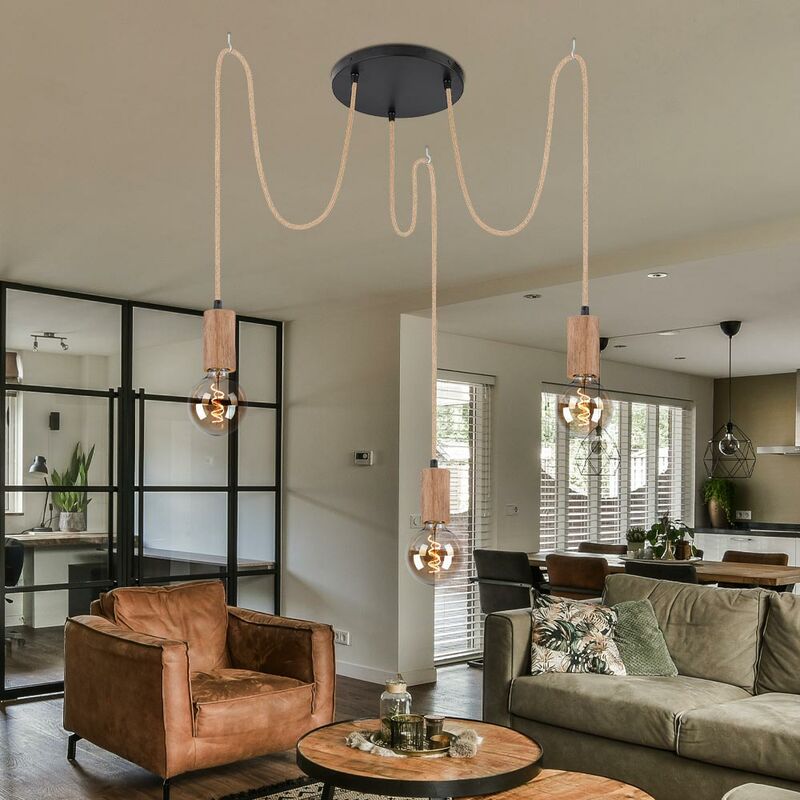Image of Etc-shop - Lampada a sospensione lampada a sospensione lampada a sospensione lampada da sala da pranzo, 3 lampadine vintage corda di canapa testa di
