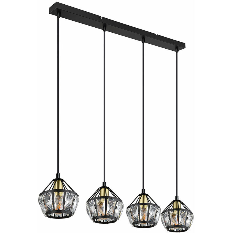 Image of Lampada a sospensione lampada a sospensione lampada a sospensione lampada da soggiorno, 4 fiamme, cristalli di vetro metallo nero, 4 prese E14, LxPxH