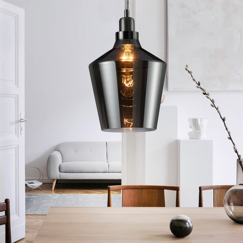 Image of Lampada a sospensione lampada a sospensione lampada a sospensione lampada da tavolo da pranzo, regolabile in altezza, vetro fumé metallo nero retro,