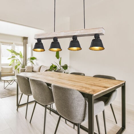 Lampada a sospensione lampada a sospensione lampada a sospensione lampada in legno lampada da sala 4 fiamme industriali, travi in legno metallo naturale nero, 4 prese E27, LxLxA 85x14x85cm