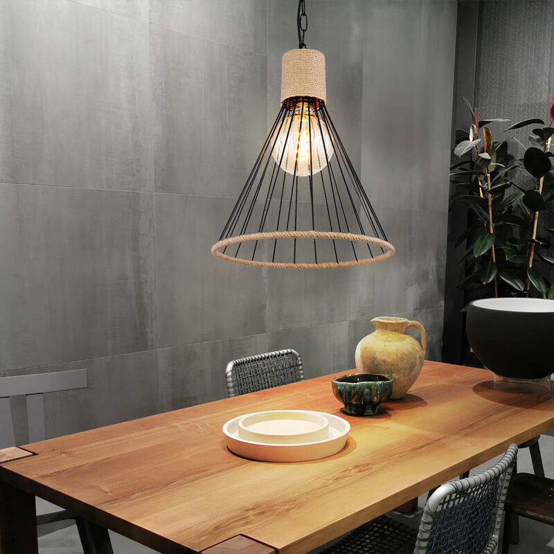 Image of Etc-shop - Lampada a sospensione lampada a sospensione lampada a sospensione soffitto pendolo aste in metallo, design a gabbia, nero, corda di canapa