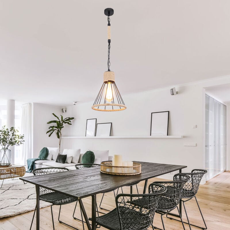 Image of Lampada a sospensione lampada a sospensione lampada a sospensione soffitto sospensione design gabbia, metallo, nero, corda di canapa, marrone,