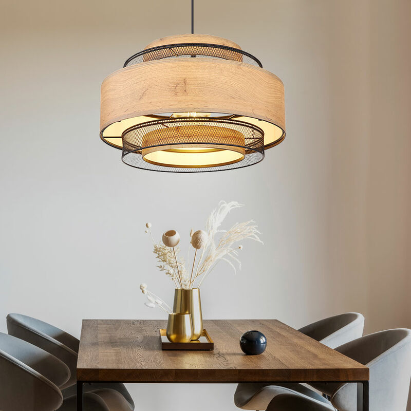 Image of Lampada a sospensione lampada a sospensione lampada da pranzo lampada a sospensione effetto legno griglia nera lampada a sospensione rotonda 1