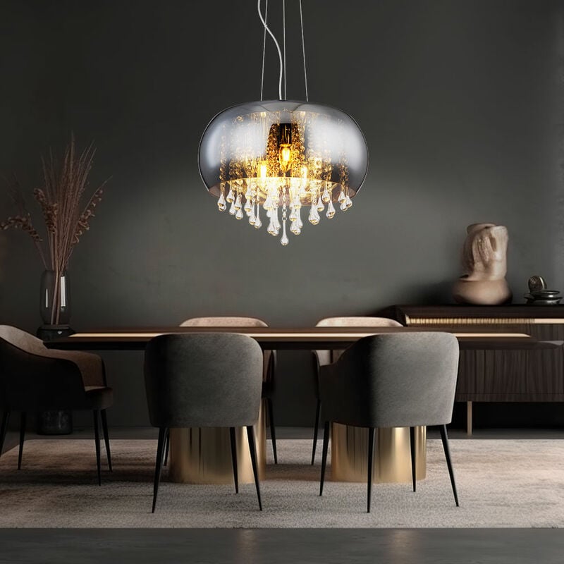 Image of Globo - Lampada a sospensione lampada a sospensione lampada da sala da pranzo in cristallo, 5 lampadine, cristalli di vetro trasparente fumé cromo,