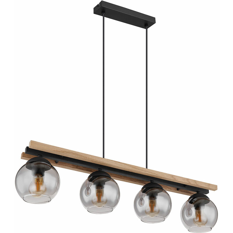 Image of Globo - Lampada a sospensione lampada a sospensione lampada da soggiorno lampada da sala da pranzo, metallo legno rovere vetro fumo, 4 fiamme, E27, h