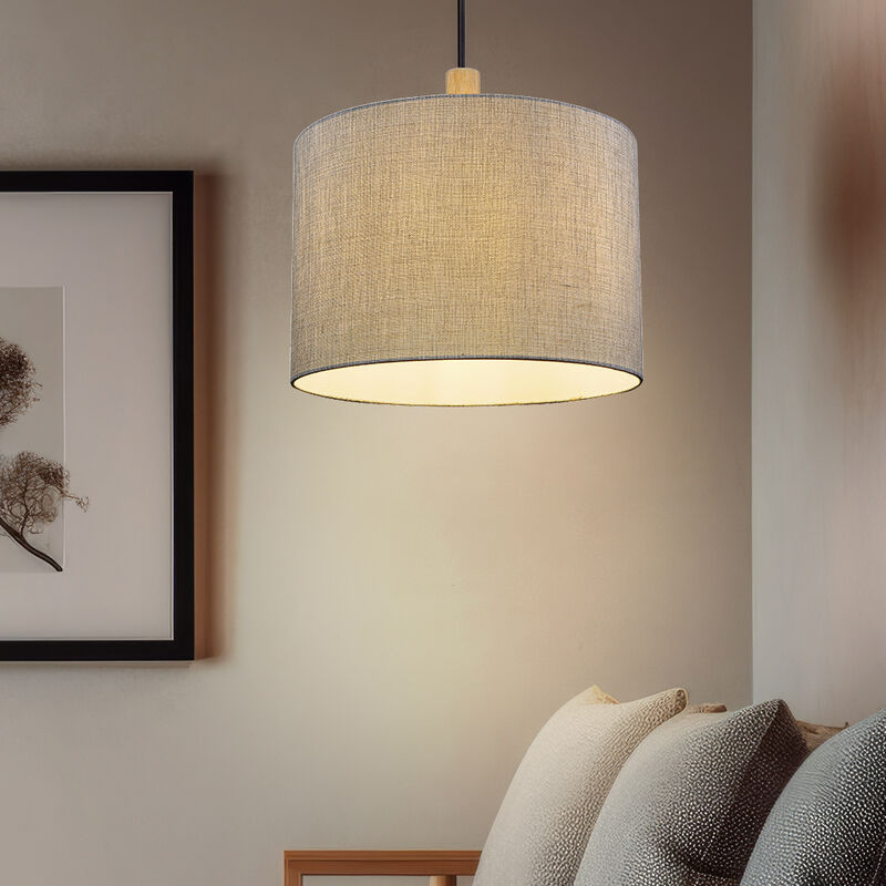 Image of Lampada a sospensione lampada a sospensione lampada da soggiorno lampada da sala da pranzo, metallo tessuto legno grigio, E27, D 40 cm