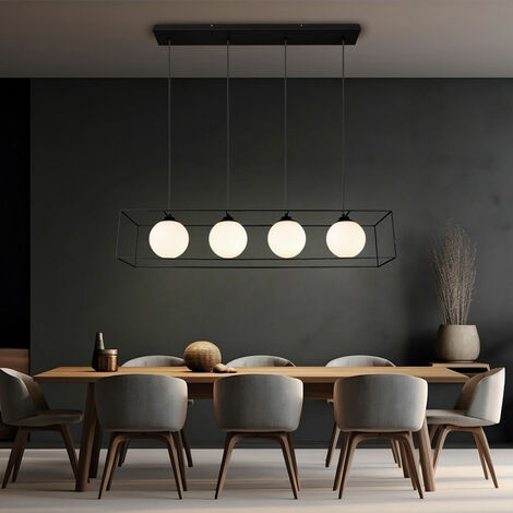 Lampada a sospensione lampada a sospensione lampada da soggiorno lampada da tavolo da pranzo, metallo nero vetro bianco, 4 lampadine E14 regolabile in altezza, H 150 cm