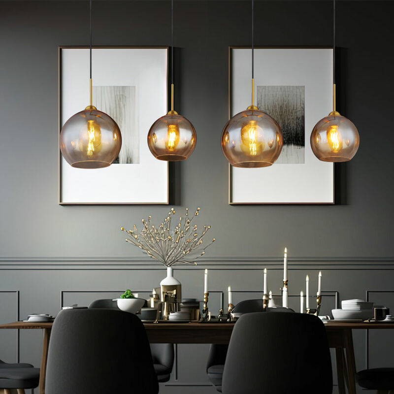 Image of Lampada a sospensione, lampada a sospensione, lampada da tavolo da pranzo, 4 fiamme, sfera di vetro, ambra, lampada da soggiorno, ottone, 1x E27,