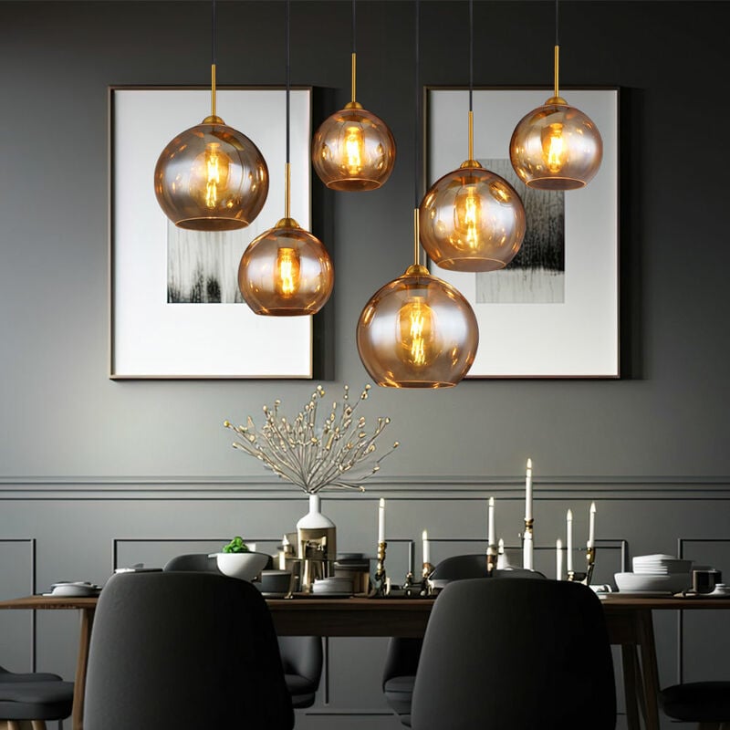 Image of Lampada a sospensione, lampada a sospensione, lampada da tavolo da pranzo, 6 fiamme, sfera di vetro, ambra, lampada da soggiorno, ottone, 1x E27,