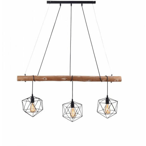 Lampada a sospensione, lampada a sospensione, lampada da tavolo da pranzo, lampada da soggiorno, plafoniera, metallo, nero, legno, paralumi a griglia marrone, 3 lampadine E27, H 120 cm