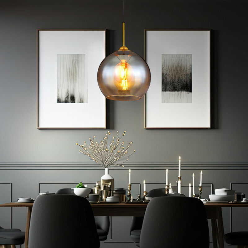 Image of Lampada a sospensione lampada a sospensione lampada da tavolo da pranzo sfera di vetro ambra lampada da soggiorno ottone, 1x E27, DxH 25x120 cm