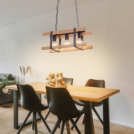 Lampada a sospensione lampada a sospensione lampada in legno lampada da tavolo da pranzo, 3 fiamme, catena in legno metallo nero, attacco 3x E27, LxPxH 58x23,5x120 cm