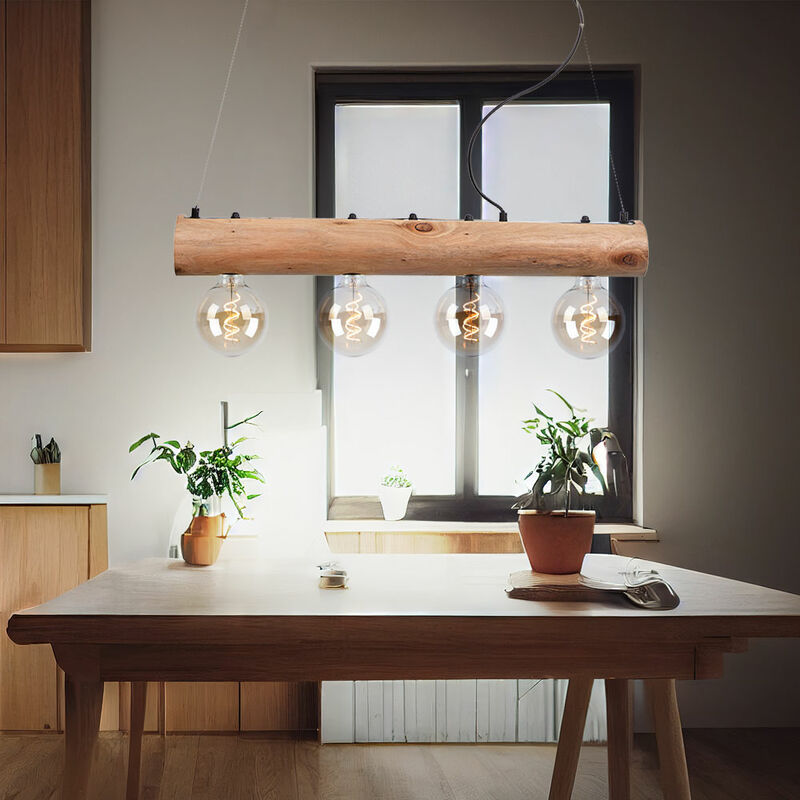Image of Lampada a sospensione lampada a sospensione lampada in legno lampada da tavolo da pranzo 4 fiamme trave in legno regolabile, metallo legno, marrone