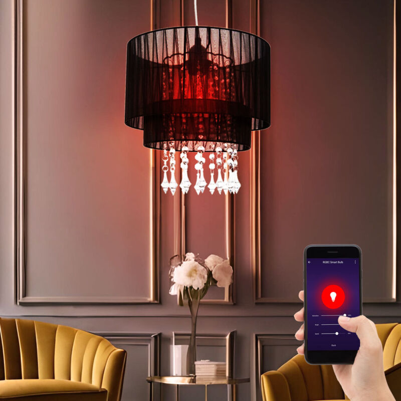Image of Etc-shop - Lampada a sospensione lampada a sospensione lampadario lampada da tavolo da pranzo lampada da soggiorno, metallo nero tessuto cristalli