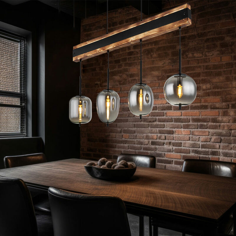 Image of Globo - Lampada a sospensione lampada a sospensione luce cucina plafoniera luce sala da pranzo, metallo vetro legno fumo nero, 4 fiamme, h 120 cm