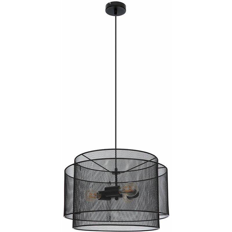 Image of Lampada a sospensione lampada a sospensione nera griglia luminosa rotonda sala da pranzo industriale, metallo, 3 prese E27, DxH 45x120 cm