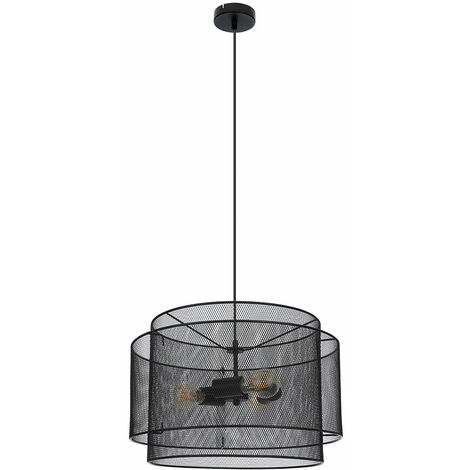 Lampada a sospensione lampada a sospensione nera griglia luminosa rotonda sala da pranzo industriale, metallo, 3 prese E27, DxH 45x120 cm