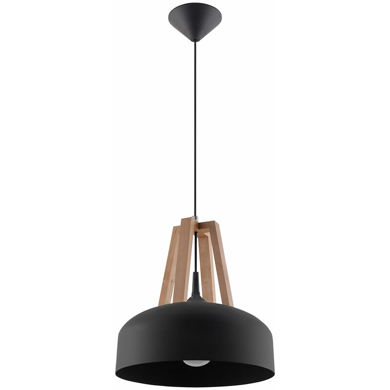 Image of Etc-shop - Lampada a sospensione lampada a sospensione nera lampada da soggiorno in legno naturale lampada a sospensione a soffitto, tondo in