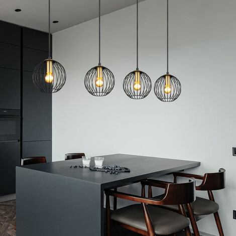 Lampada a sospensione, lampada a sospensione nera, tavolo da pranzo, lampada a sospensione, lampada a sospensione, ottone, paralumi a gabbia, metallo, prese 4x E27, LxPxH 100x16x150 cm