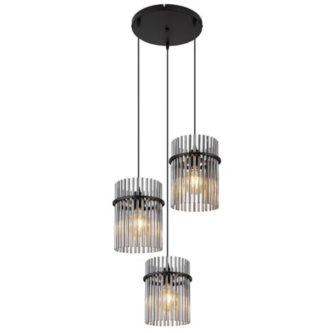 Lampada a sospensione Lampada a sospensione per sala da pranzo Lampada per soggiorno Lampada a soffitto, aste in metallo e vetro nero fumo, 3x LED 9W 810Lm bianco caldo, H 140 cm