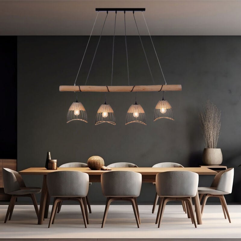 Image of Lampada a sospensione, lampada a sospensione, plafoniera, lampada da soggiorno, lampada da sala da pranzo, metallo nero, rete in legno marrone, 4