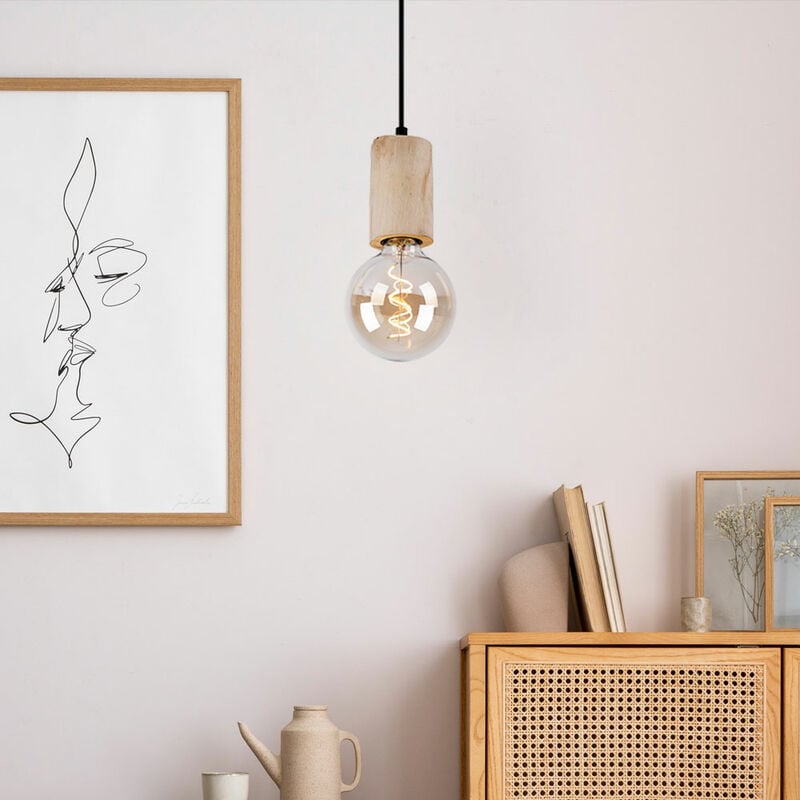 Image of Etc-shop - Lampada a sospensione lampada a sospensione plafoniera soggiorno lampada sala da pranzo, metallo legno nero colore naturale, altezza