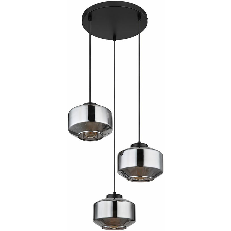 Image of Lampada a sospensione, tavolo da pranzo, lampada da soggiorno, nera, moderna, paralume in vetro a bulbo, metallo fumè nero, 3x E27, PxH 40x120 cm