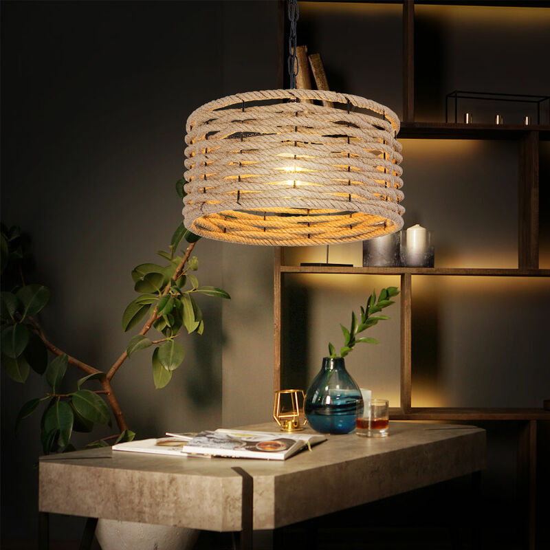 Image of Etc-shop - Lampada a sospensione lampada a sospensione soggiorno lampada da soffitto in corda di canapa metallo, metallo nero marrone, attacco 1x