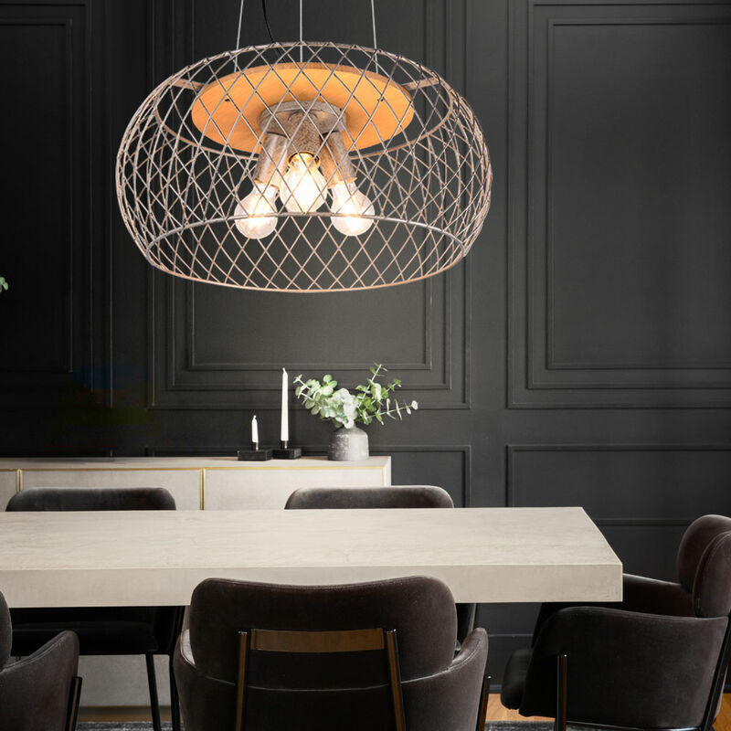 Image of Etc-shop - Lampada a sospensione lampada a sospensione soggiorno lampada da soffitto in metallo lampada in legno argento gabbia rotonda illuminazione